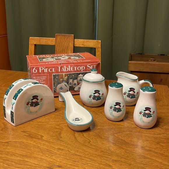 Vintage Stoneware Snowman Tabletop Serving Set Tabletop Christmas Snowman Set - Picture 4 of 13